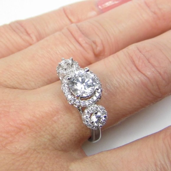 1.67 cttw 3st Halo Engagement Sterling SILVER Ring